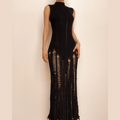 Crochet sleeveless solid hollow out crewneck maxi dress