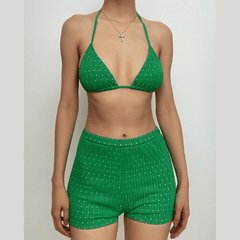 Traje de baño bikini con espalda descubierta, tirantes finos y textura tipo halter 