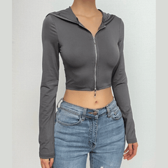 Hoodie zip-up solid long sleeve crop top