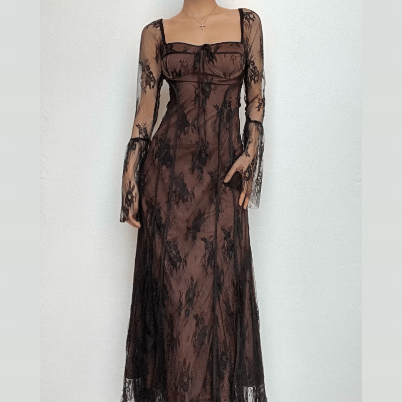 Long flared sleeve contrast zip-up lace self tie maxi dress