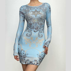 Beaded long sleeve u neck abstract contrast mini dress