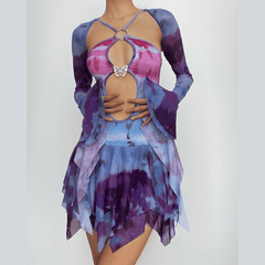 Tie dye ruched flared sleeve hollow out self tie shrug mini dress - Final Sale