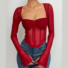 Korsett-Netz-Crop-Top mit langen Ärmeln, gerüschtem, quadratischem Ausschnitt 