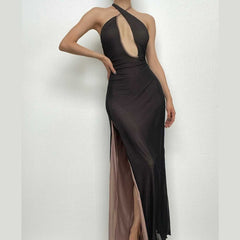 Slit mesh cross front hollow out ruched backless maxi dress