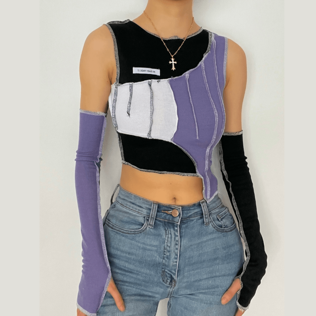 Patchwork off shoulder gloves ribbed crop top