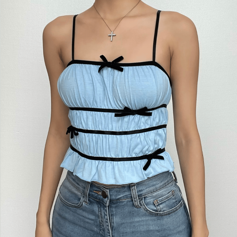 Kurzes Camisole-Top mit Schleife, gerafftem Kontrast und quadratischem Ausschnitt 