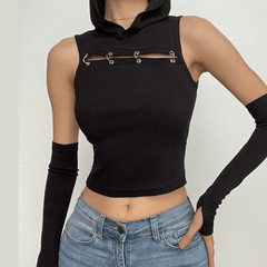 Gloves sleeveless solid hoodie o ring crop top