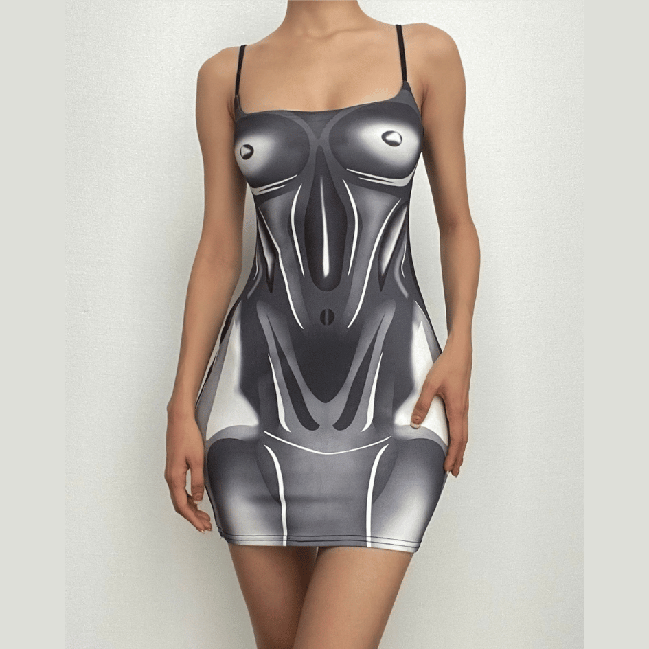 Cami-Minikleid mit eckigem Ausschnitt und Body-Print in Kontrastfarbe