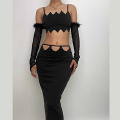 Solid hollow out mesh slit feather gloves midi skirt set