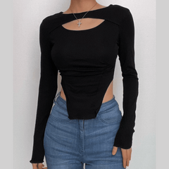 Ruched hollow out long sleeve solid patchwork crop top