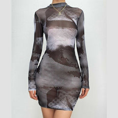 Long sleeve sheer mesh see through contrast polka dot mini dress