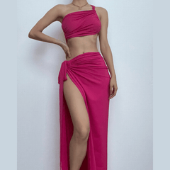 Ruched solid one shoulder irregular self tie maxi skirt set