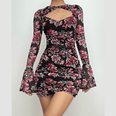 Flower print contrast hollow out long flared sleeve mini dress