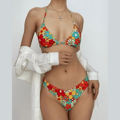 Neckholder-Bikini zum Selbstbinden mit kontrastierendem Blumenmuster