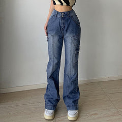 High rise straight leg button gradient pocket jeans