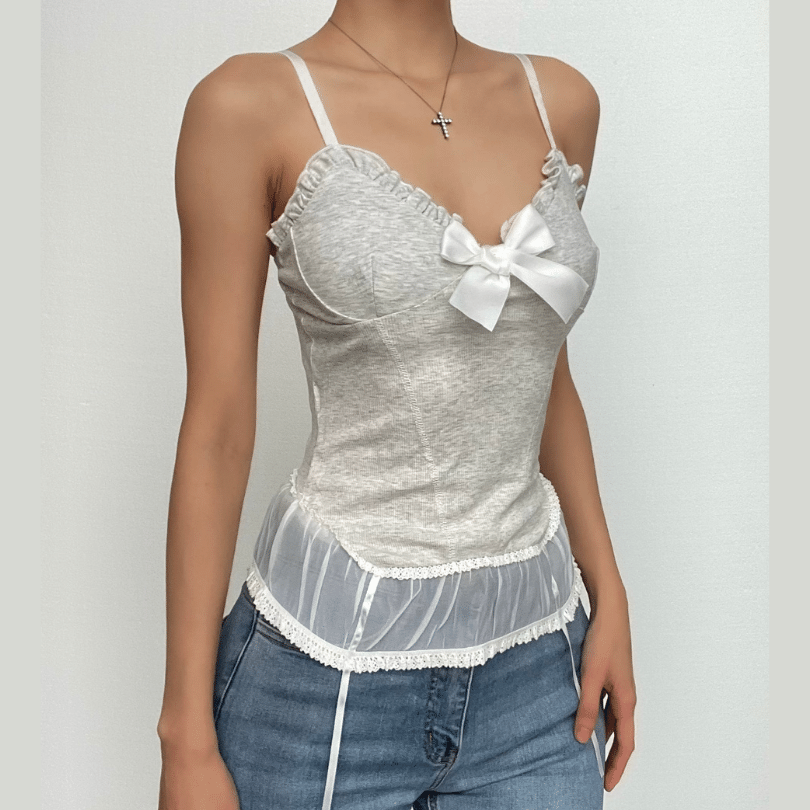 Lace hem ruffle bowknot v neck backless cami top