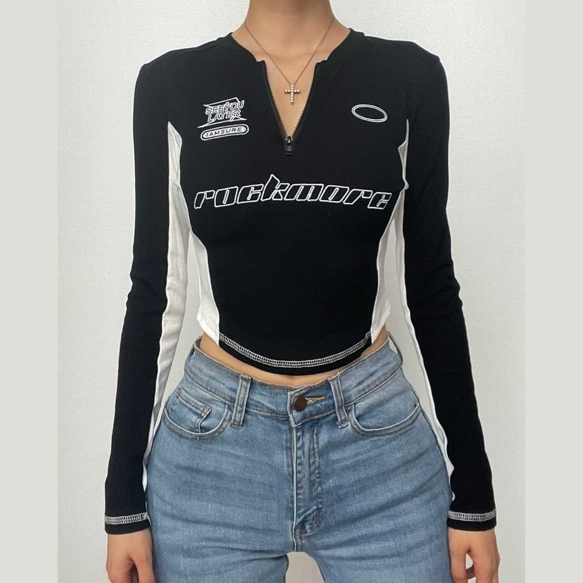 Patchwork zip-up long sleeve embroidery contrast crop top