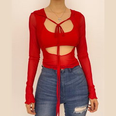 Long sleeve solid mesh hoodie self tie hollow out crop top