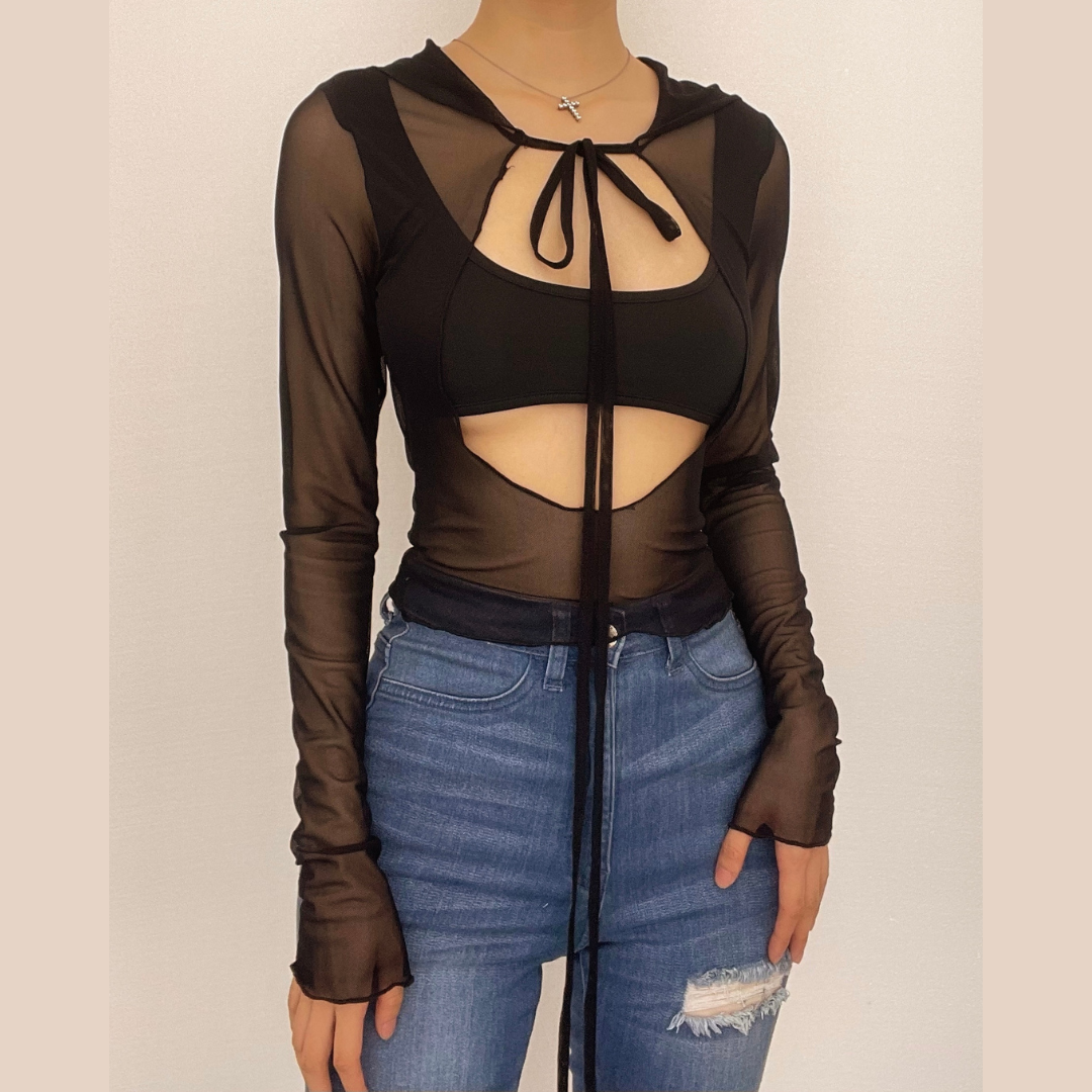 Long sleeve solid mesh hoodie self tie hollow out crop top