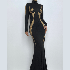 High neck long sleeve body print contrast maxi dress