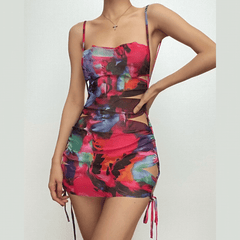 Hollow out flower print drawstring contrast cami mini dress