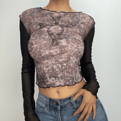 Long sleeve stitch abstract print mesh see through crop top