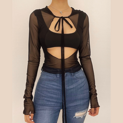 Long sleeve solid mesh hoodie self tie hollow out crop top