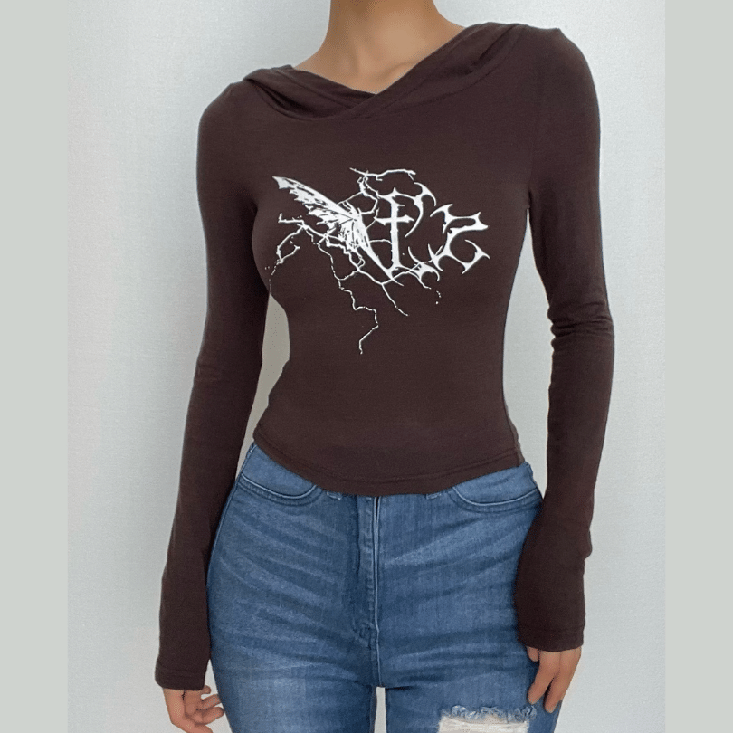 Hoodie long sleeve abstract contrast v neck crop top