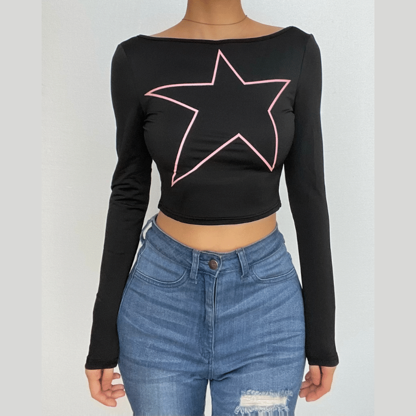 Long sleeve star pattern backless contrast crop top