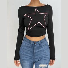 Long sleeve star pattern backless contrast crop top