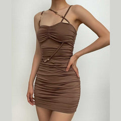 Ruched solid metal chain irregular backless mini dress