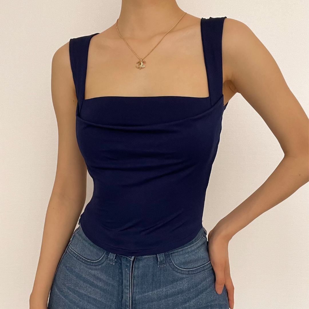 Square neck solid ruched sleeveless crop top