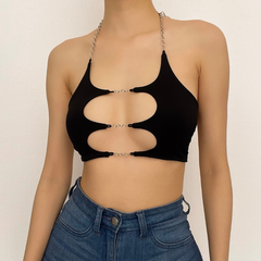 Metal chain hollow out solid crop halter top