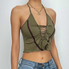 Hollow out backless contrast cross front halter ruffle crop top