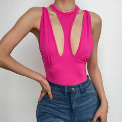 Hollow out crewneck sleeveless solid ruched bodysuit