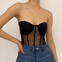 Top tipo bustier con espalda con cordones y diseño de espiga de pescado de malla 