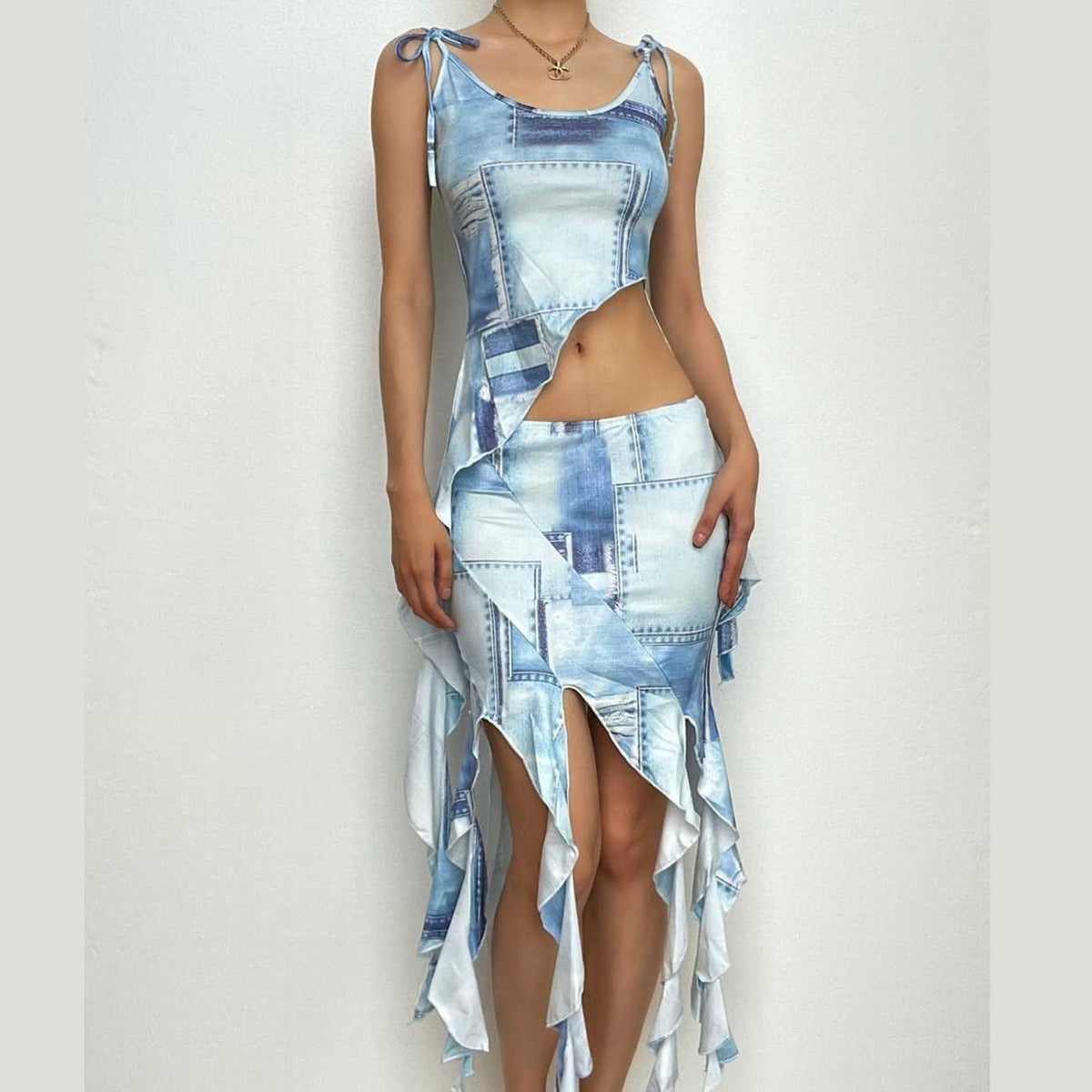 Denim print irregular self tie u neck ruffle contrast midi dress