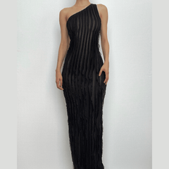 Textured ruffle one shoulder irregular solid maxi dress