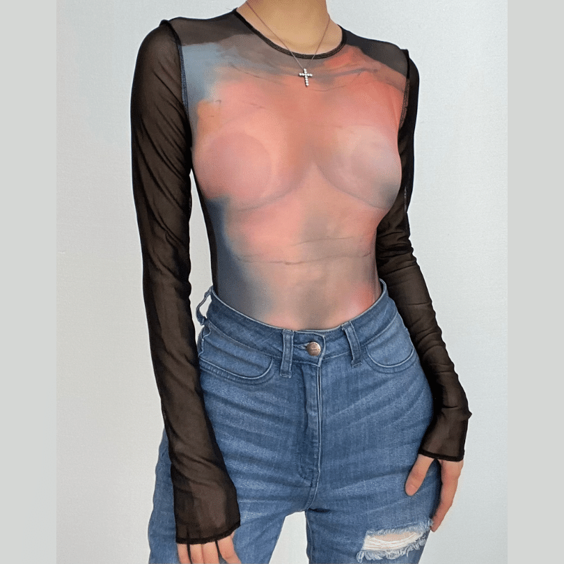 Body print contrast sheer mesh long sleeve see through bodysuit