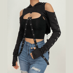 Hoodie ribbon off shoulder buckle long sleeve gloves crop top