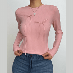 Bowknot contrast long sleeve crewneck top