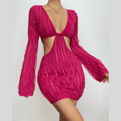 Long sleeve textured v neck hollow out ruffle mini dress