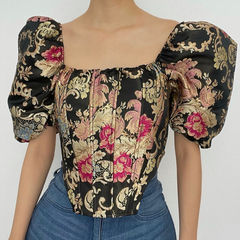 Embroidery zip-up square neck puff short sleeve crop top