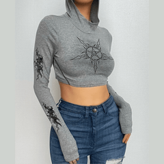 High neck abstract long sleeve contrast hoodie crop top