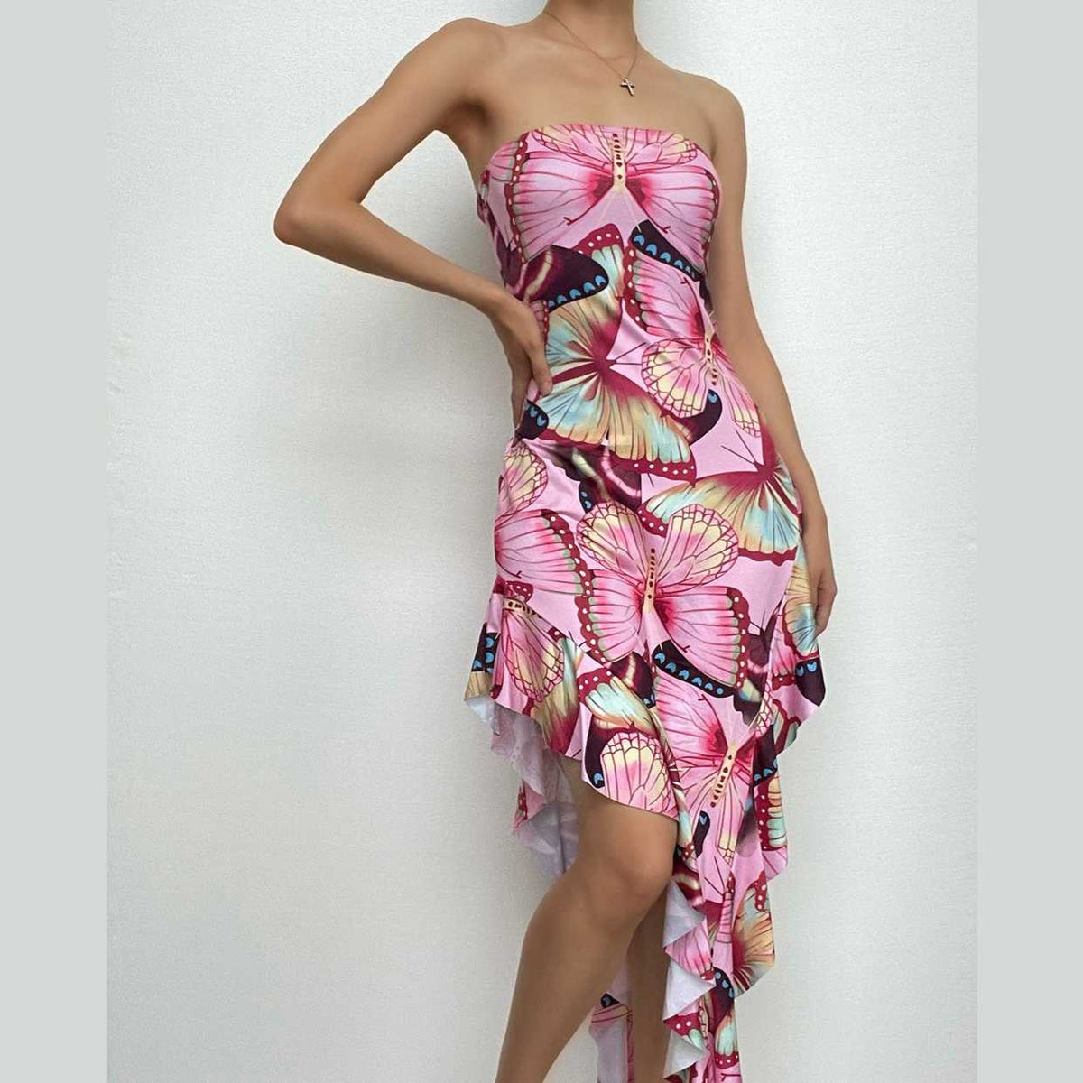 Butterfly print contrast irregular ruffle backless tube maxi dress - Final Sale