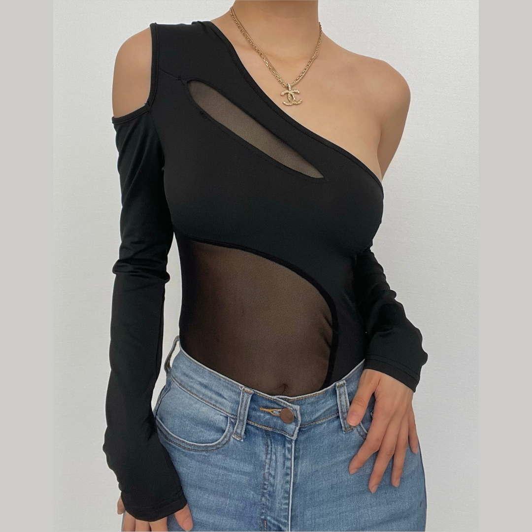 Long sleeve solid mesh backless one shoulder button bodysuit