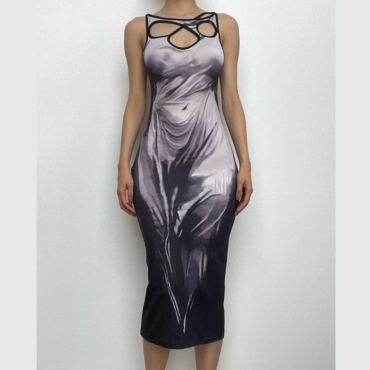 Hollow out abstract irregular sleeveless slit contrast midi dress