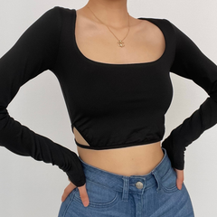 Hollow out solid long sleeve square neck crop top