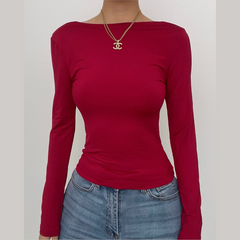 Hollow out solid long sleeve backless top