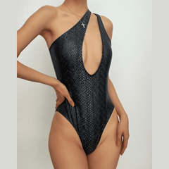 Snakeskin print metallic one shoulder hollow out one piece swimwear